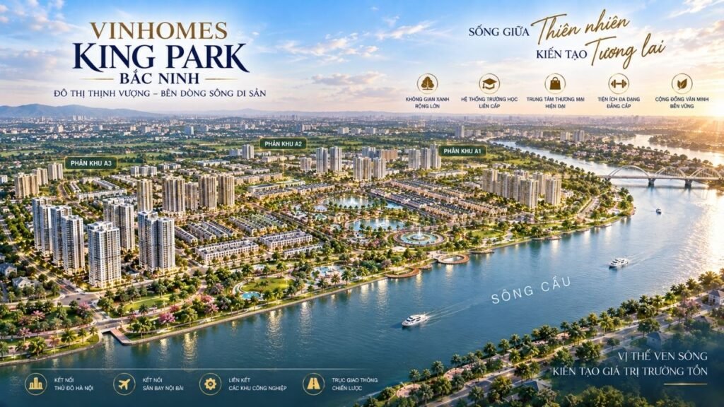 Tổng quan Vinhomes King Park Bắc Ninh nhìn về phía sông Cầu